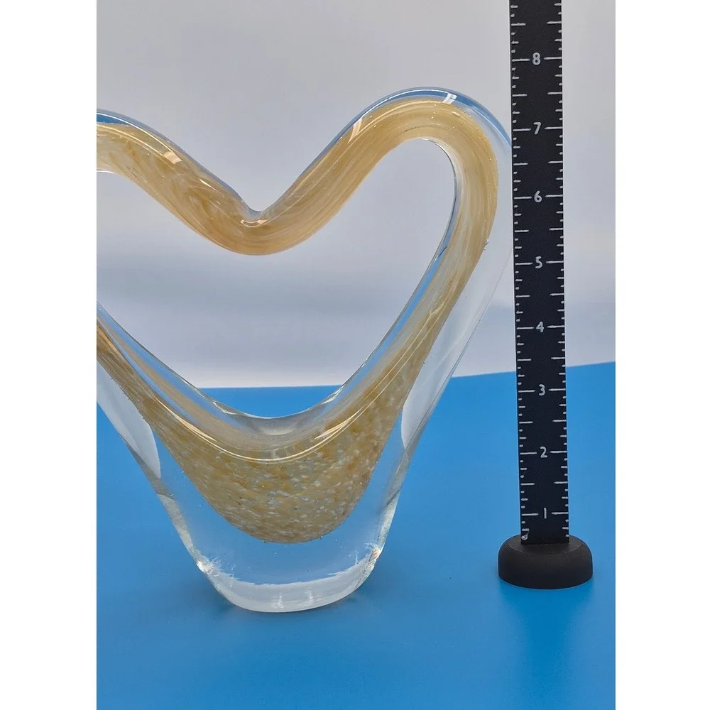 Vintage Heart Art Glass Vase Amber Gold Swirl Hand Blown Heavy Centerpiece Decor